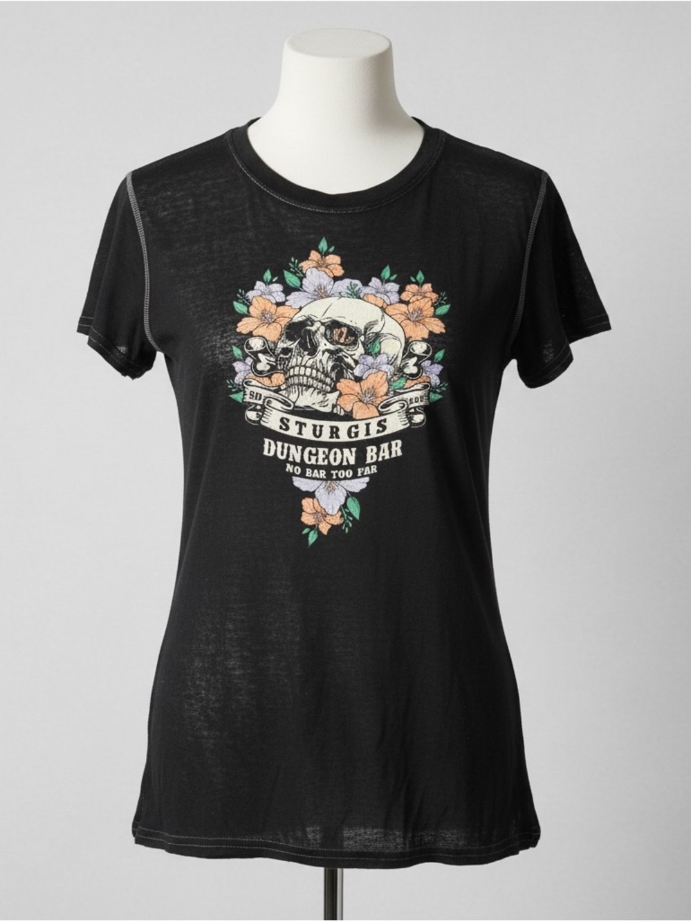 J. America Black Sturgis Dungeon Bar Skull Floral Graphic Tee